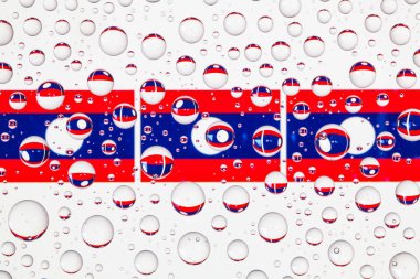 Laos bayrağı bir cam arkasında yağmur damlaları ile kaplı. 3D çizim