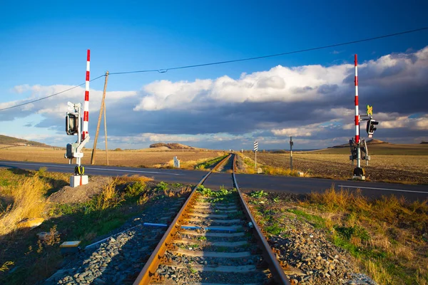 Één Spoor Bij Zonsondergang Centrale Boheemse Hooglanden Tsjechië Spoorlijn Natuur — Stockfoto