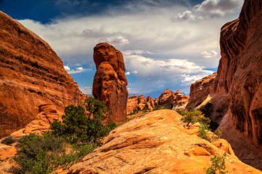 Günbatımı Arches National Park, Moab, Utah, ABD. Güneydoğu Colorado Nehri tarafından sınırlanmıştır, 2.000'den fazla doğal kumtaşı kemerler site olarak bilinir