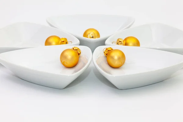 Ceramic Bowls Sushi Food Gold Christmas Decoration White Table — Stock Photo, Image