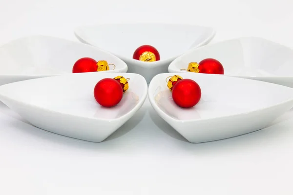 Ceramic Bowls Sushi Food Red Christmas Decoration White Table — Stock Photo, Image