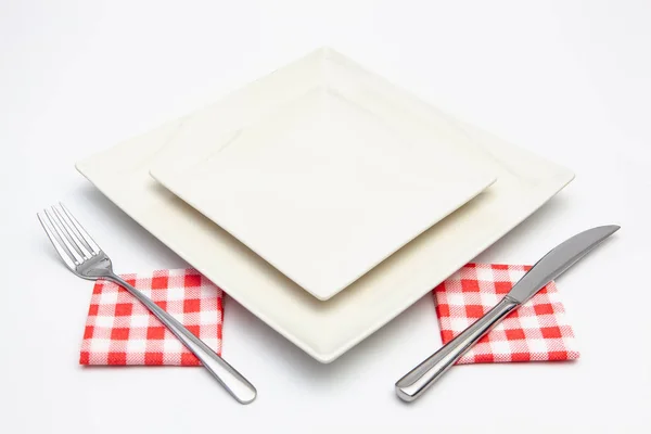 White Square Plate White Wooden Table Top View Flat Lay — Stock Photo, Image