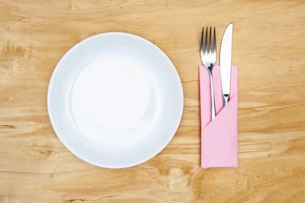 Assiette Blanche Sur Table Bois Image Laïque Plate — Photo