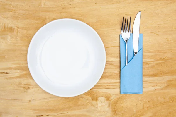 Assiette Blanche Sur Table Bois Image Laïque Plate — Photo