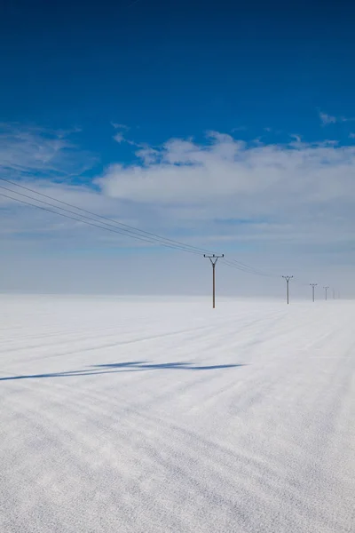 Paysage Hivernal Avec Colonnes Lignes Électriques Champ Enneigé — Photo