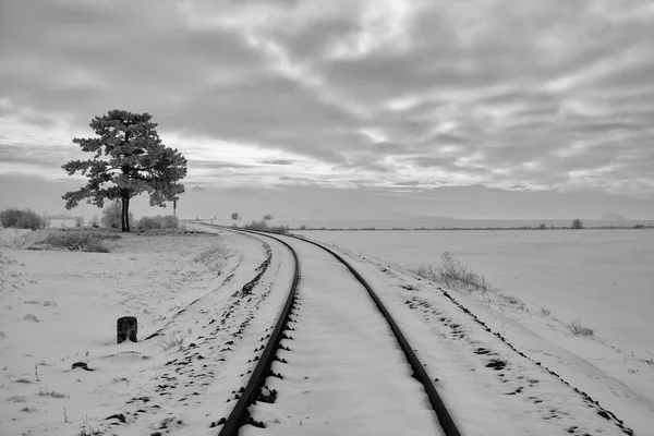 单一铁路轨道在冬天风景 波希米亚半岛中部 捷克共和国 — 图库照片