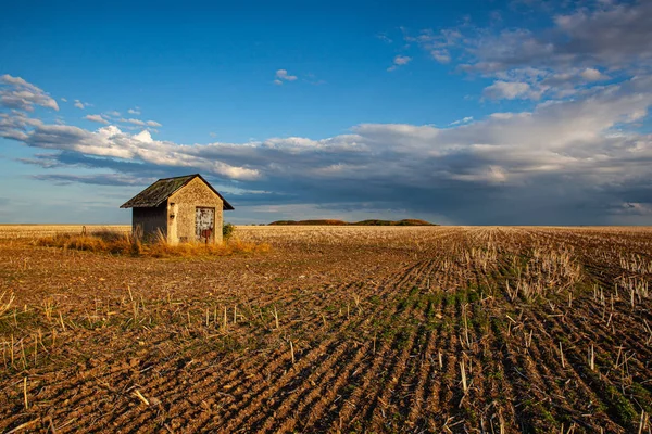 Granero viejo y campo vacío después de la cosecha en el día soleado . —  Fotos de Stock