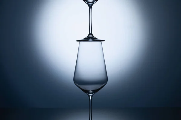 Empty Wine Glasses Blue Clean Gradient Background Empty Drinking Transparent — Stock Photo, Image