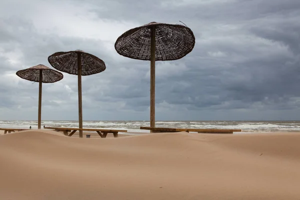 Les Tables Couvertes Sable Sur Plage Egmont Aan Zee Pays — Photo