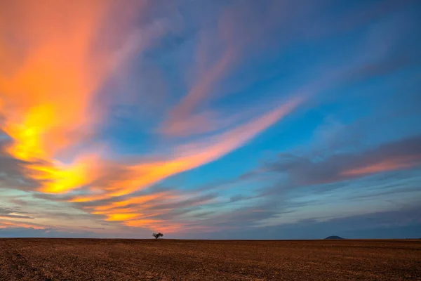 Erstaunlicher Sonnenuntergang Auf Dem Leeren Feld Nach Der Ernte Tschechien — Stockfoto