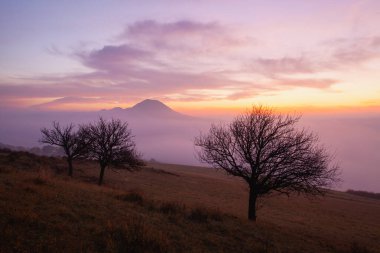 Rana Tepesi 'nden görüntü. Çek Cumhuriyeti' nin Merkez Bohemian Dağları 'nda puslu bir sabah. Central Bohemian Uplands, Bohemya 'nın kuzeyinde yer alan bir dağ silsilesidir. Menzil yaklaşık 80 km uzunluğunda.