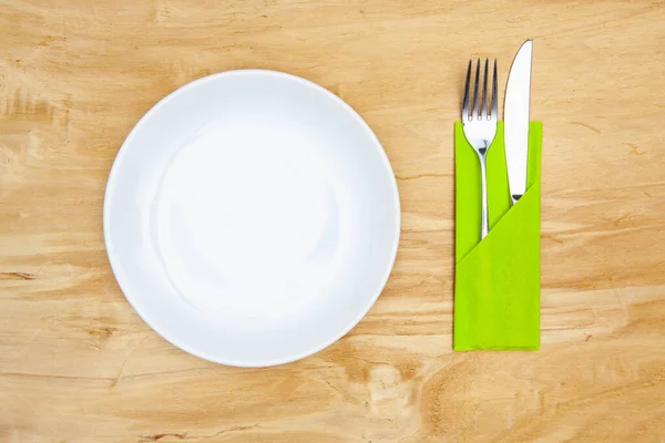 Assiette Blanche Sur Table Bois Image Laïque Plate — Photo