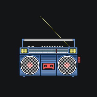 Eski moda, retro tarzı ses kayıt cihazı, Getto müzik setini 90s, illüstrasyon izole siyah arka plan üzerine vektör. Ses kayıt cihazı önden görünümü