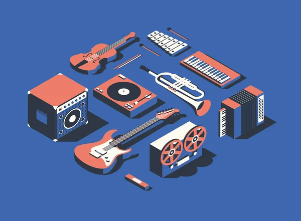 Vector Illustratie Isometrische Pictogramserie Verzameling Muziekinstrumenten Blauwe Achtergrond Dynamische Elektrische — Stockvector