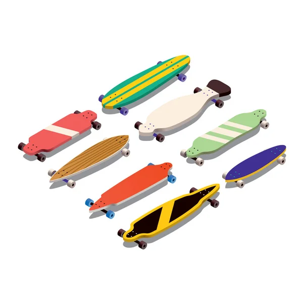 Vector Isometric Collection Group Set Skateboards Isolated White Bakcgorund Skateboard — Stock Vector