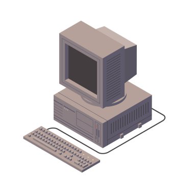 Retro kişisel bilgisayar. Ekran, eski Pc klavye. İzometrik vektör çizim. Beyaz arka plan