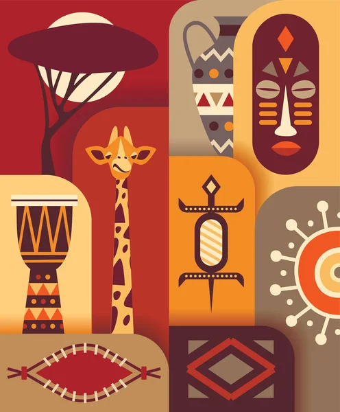 Африканские Джунгли Этнические Культуры Путешествия Иконы Набор Векторная Плоская Иллюстрация — стоковый вектор