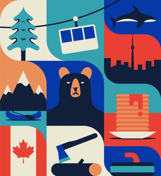 Canada Illustrazione Piatta Vettoriale Set Icone Motivo Colorato Albero Ascensore — Vettoriale Stock