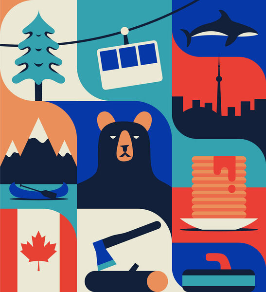 Канада, векторная плоская иллюстрация, набор иконок, красочный узор. Дерево, лифт, кит, медведь лодка медведь корм канадский флаг древесины кёрлинг
