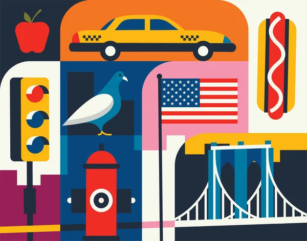 CiTiY manzarası küme. Düz yatay vektör çizim. New York siluet simge ile. Taksi, sosisli sandviç, elma, trafik ışığı, güvercin, bayrak ABD, Brooklyn Köprüsü