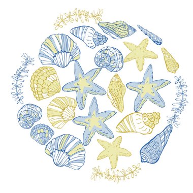 Vektör el kabukları ve denizyıldızı yuvarlak kompozisyonu çekilmiş. Vektör çizim