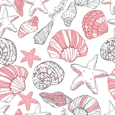 El ile Seamless Modeli kabukları beyaz arka plan üzerinde çizilmiş.