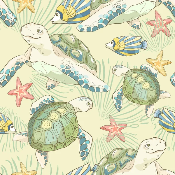 Seamless pattern with hand drawn sea fish and turtles. Sea wallpaper. Vector illustration. — Stock Vector