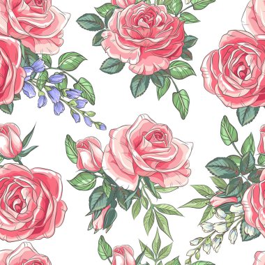 Kroki renkli çiçekleri ile Seamless modeli. Elle çizilmiş güller ve yaprakları ile duvar kağıdı. Vektör çizim