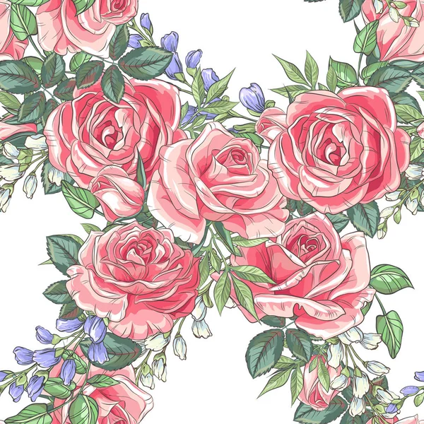 Vzor bezešvé s skica barevné květy. Tapeta s ručně kreslenou růže a listy. Vektorové ilustrace — Stockový vektor