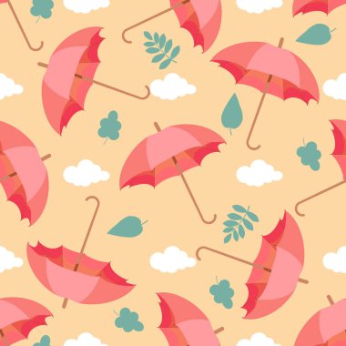 Yağmur, yaprak ve renkli şemsiye ile Dikişsiz desen . Çocuk odası için duvar kağıdı. Hava durumu arka planı