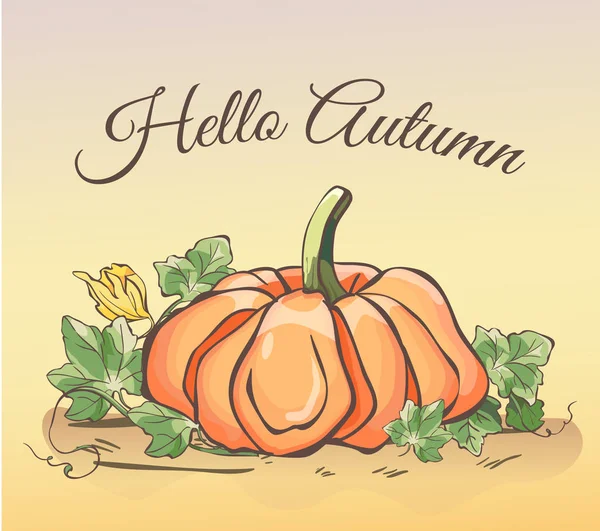 Hola tarjeta de otoño con linda calabaza grande dibujada a mano con hojas y flores — Vector de stock