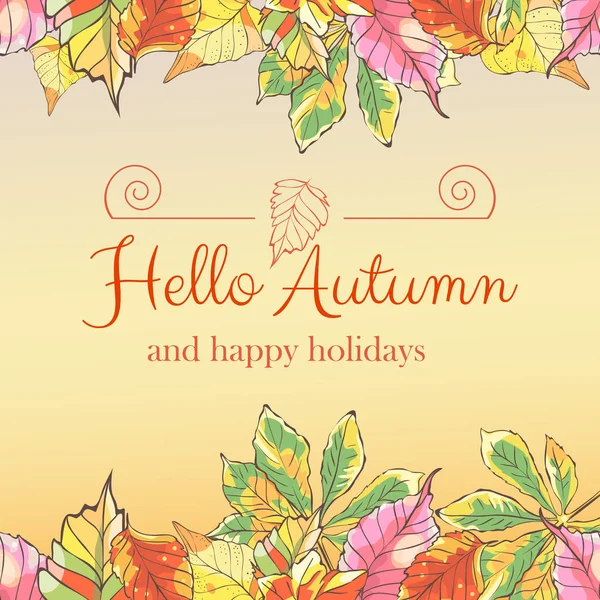 Hello Autumn card with Leaves border. Vector template — Stock Vector