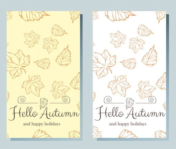 Set of Hello Autumn card with Leaves border. Vector template — Stock Vector