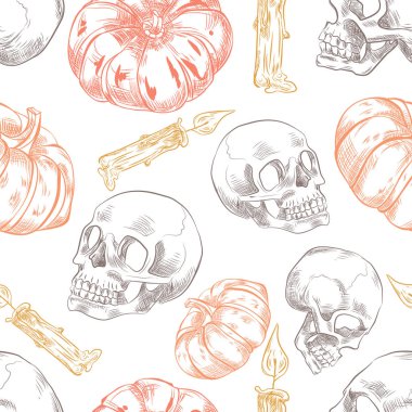 El çizilmiş halloween kabak, mumlar ve kafatasları ile dikişsiz desen