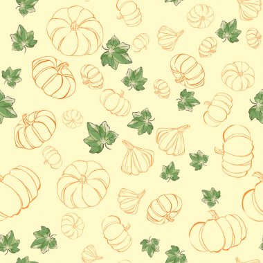 Kabak ve yaprakları ile dikişsiz desen. Sonbahar duvar kağıdı
