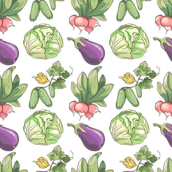 Безшовний візерунок з овочами. Фон з редькою, капустою, огірком та баклажанами — стоковий вектор