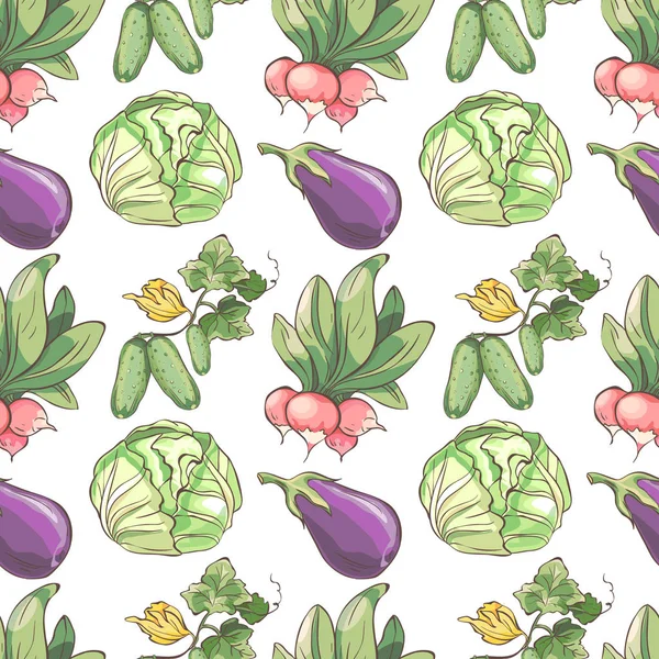 Patrón sin costura con verduras. Fondo con rábano, col, pepino y berenjena — Vector de stock