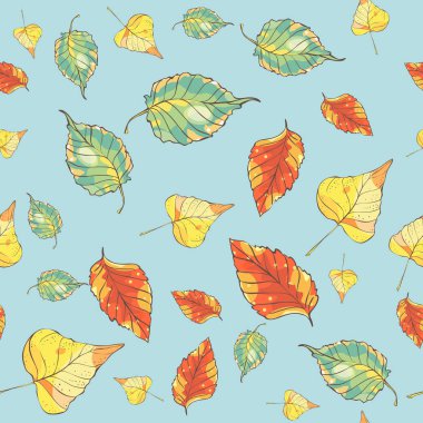 Mavi arka plan üzerinde elle çizilmiş sonbahar yaprakları ile dikişsiz desen