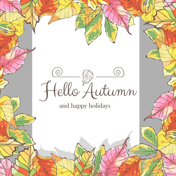 Hello Autumn card with Leaves border. Vector template. — Stock Vector