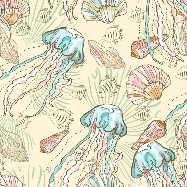 Bezszwowy wzór z ręcznie rysowanych muszli, jellyfishes małe ryby na żółtym tle — Wektor stockowy