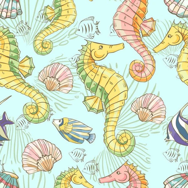 Naadloos patroon met seahorse, schelpen en vis op blauwe achtergrond — Stockvector