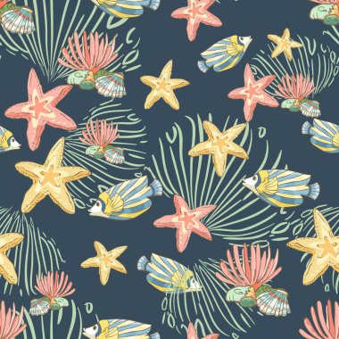 El ile Seamless Modeli çizilmiş balık ve seastars. Sualtı arka plan.