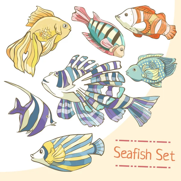 Ensemble de poissons de mer colorés dessinés à la main sur fond blanc. Collection de poissons brillants — Image vectorielle