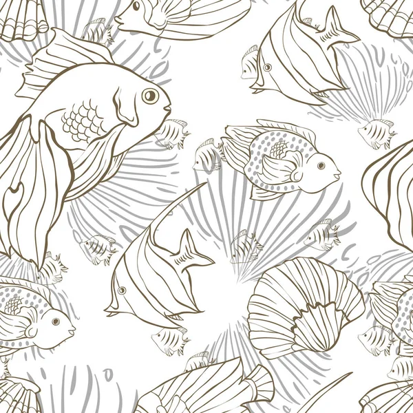 Naadloze patroon met hand getrokken zeevis en schelpen. Vectorillustratie. Pagina van het boek kleurplaten — Stockvector