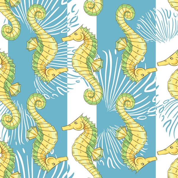 Naadloos patroon met hand getekende seahorse. Verticale eindeloze strepen. — Stockvector