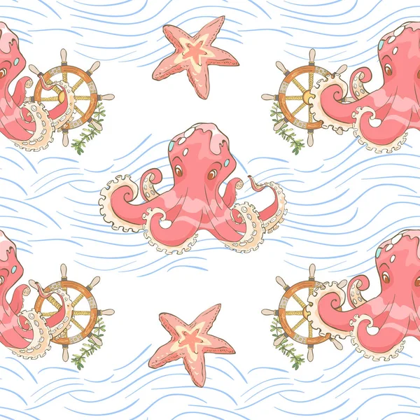 Naadloos patroon met hand getekende Octopus, wiel en golven. Vector illustratie — Stockvector