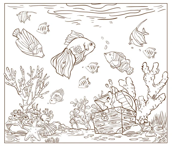 Piękna scena morska z rybą, wodorostami i skrzynią skarbów. Podwodny świat. Strona kolorowania książki. — Wektor stockowy