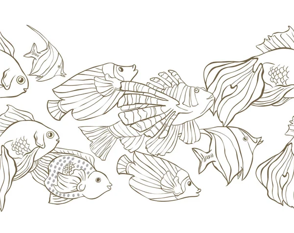 Seamless pattern with hand drawn sea fish and shells. Vector illustration. Page of coloring book — Stock Vector