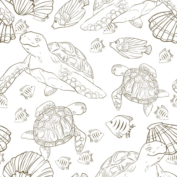 Naadloos patroon met de hand getekende zeevissen en schildpadden. Zee behang. Vector illustratie. Pagina van kleurboek — Stockvector