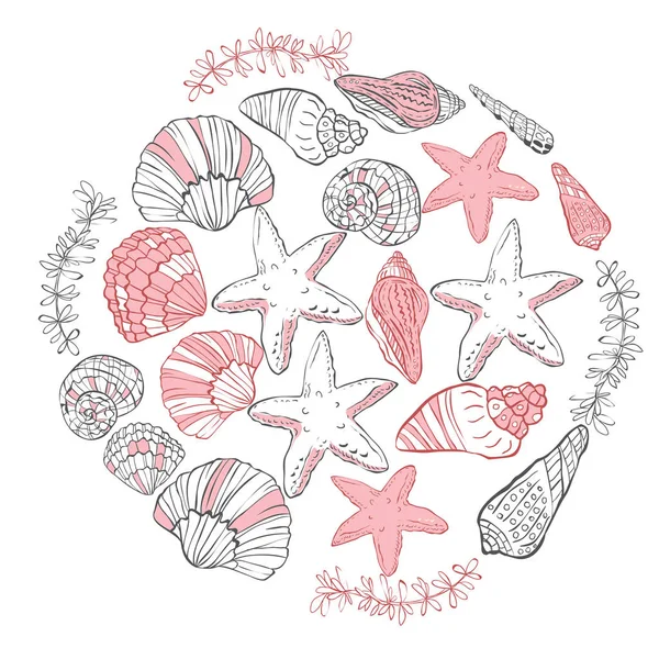 Vektör el kabukları ve denizyıldızı yuvarlak kompozisyonu çekilmiş. Vektör çizim.